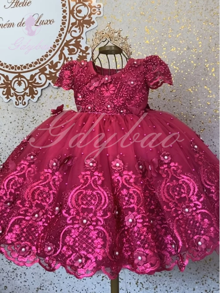 Pink Flower Girl Dress For Wedding Tulle Lace 3D Applqique Puffy With Bow Cap Sleeves Kids Baby Birthday First Communion Gown