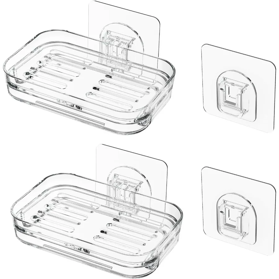 

Bar Soap Dish 2 PackSelf Draining Soap Holder for Shower Wall Mounted Soap Saver with Strong Adhesive No Drilling Clear Plastic
