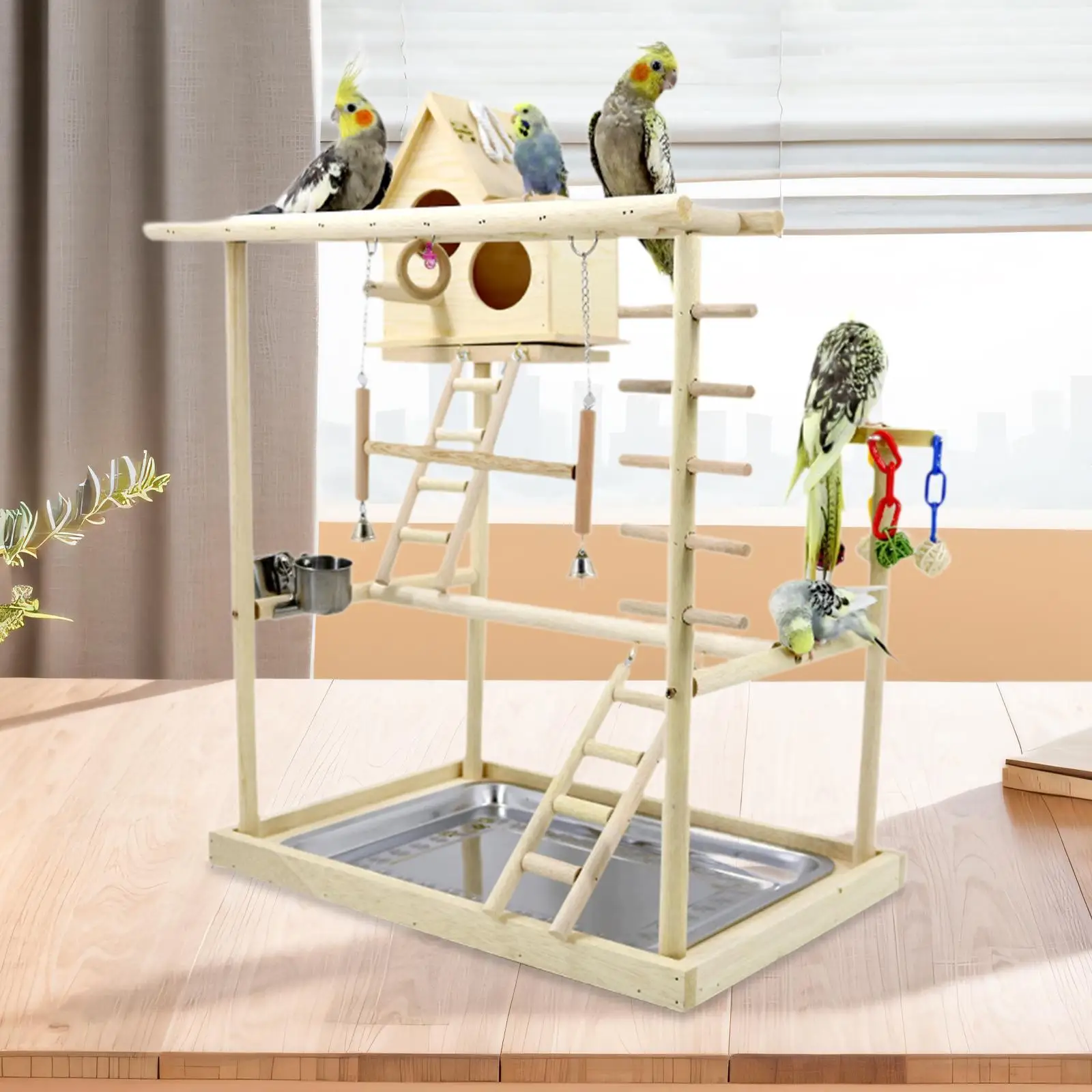 Wooden Bird Playground Hanging Parrot Perch for Parakeets Cockatiels Conures