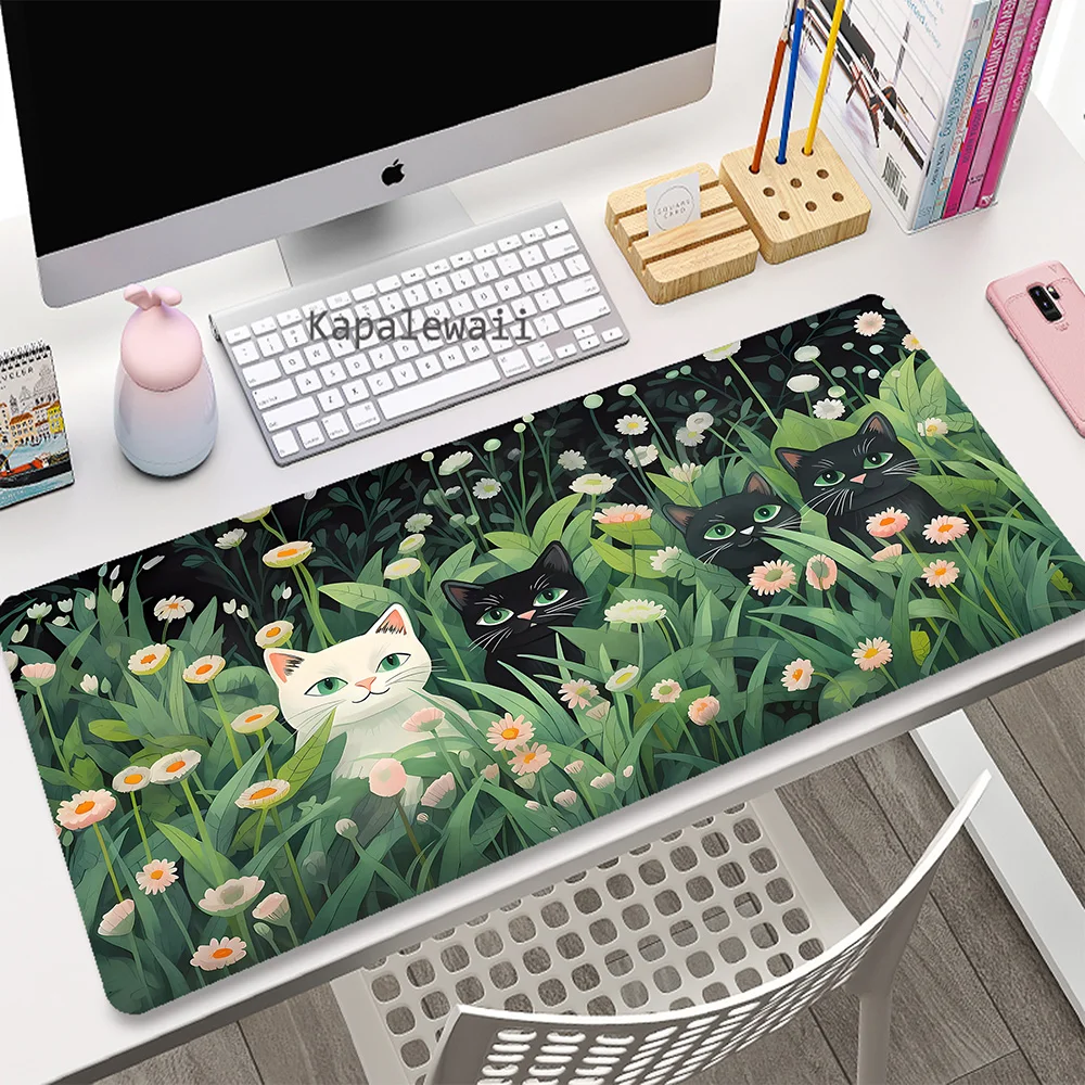 Tapis de souris Gaming Green Plant grand tapis de souris chat noir accessoires vitesse Gamer tapis de clavier tapis de bureau en caoutchouc antidérapant 90x40cm