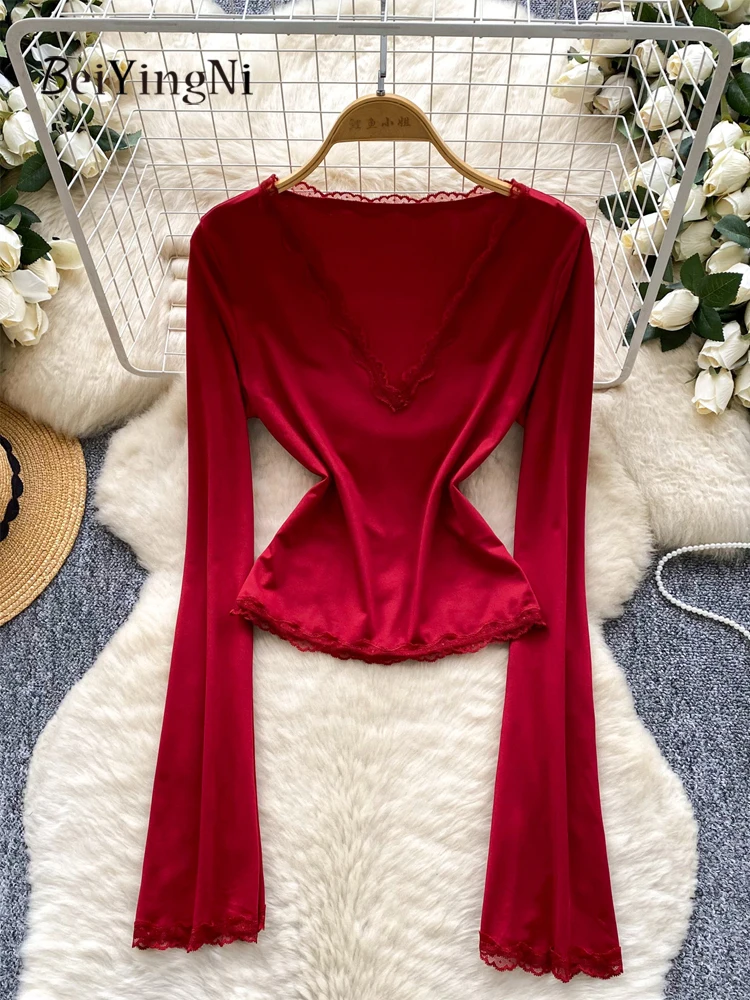 

Beiyingni Kpop футболка с v-образным вырезом женская кружевная лоскутная повседневная тонкая футболка с длинными рукавами для женщин белые красные однотонные уличные футболки Y2K