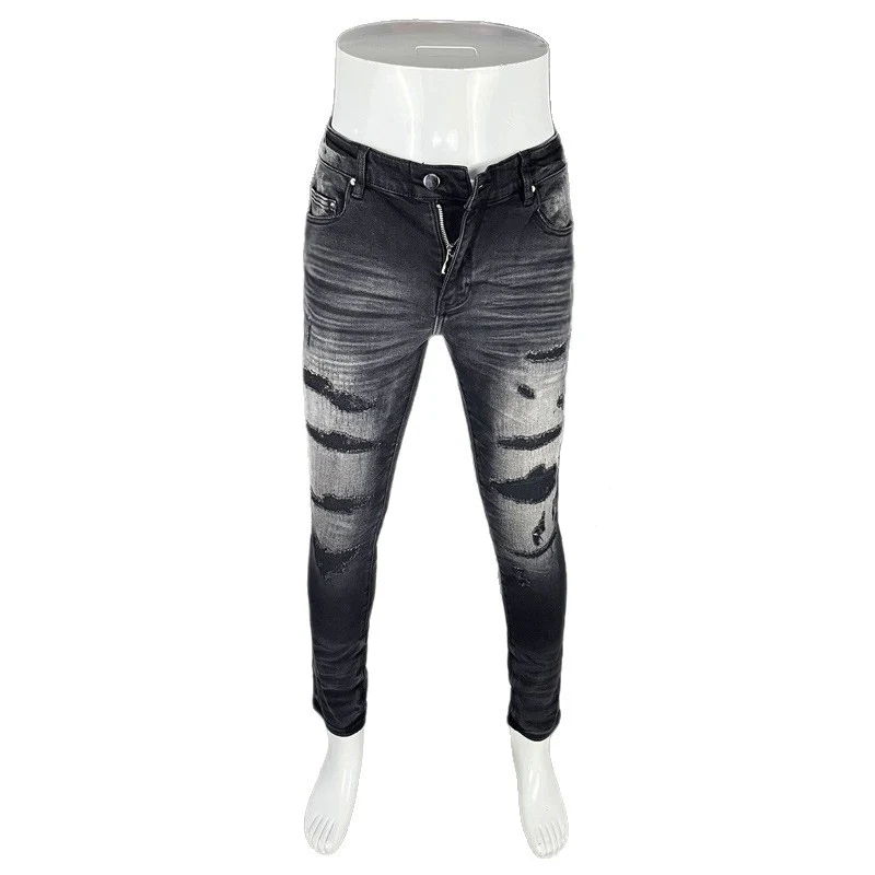 

Y2K Street Designer Fashion Men Jeans Retro Black Gray Stretch Slim Fit Ripped Jeans Men Brand Hip Hop Denim Pants Hombre