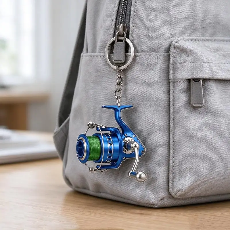 1Pcs 2D Flat Mini Spinning Fishing Reel Keychain Simulation Fishing Wheel Pendant For Fishing Lover Backpack Decoration Gift