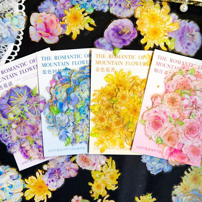 45 pcs/pack Of Mountain Blossom PET stickers.Featured Gold Foil Flower patterns,ideal For Journal Decoration And DIY projects