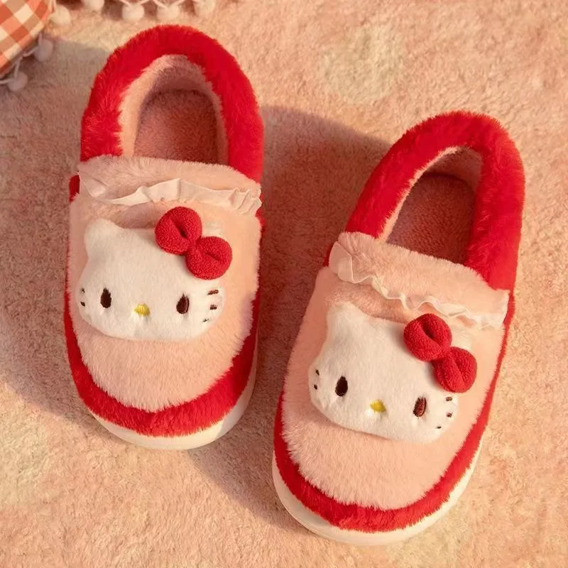 Hairy cartoon slippers for women in winter, plush anti slip cotton slippers for girls, flat shoes