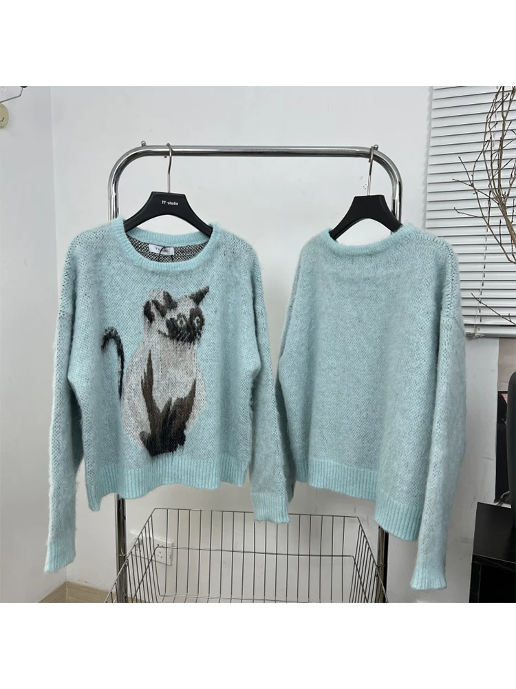 Fall Winter Women Korean Cute Core Long Sleeve Mohair Oversize Sweater With Scaf Cuddly Knitwear 2000s Aesthetic Shoujo Girl New