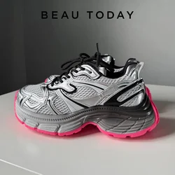 BEAUTODAY Chunky Sneakers Women Synthetic Leather Mesh Mixed Colors Lace-up Trainers Fashion Ladies Shoes Handmade OG-B2105A-F