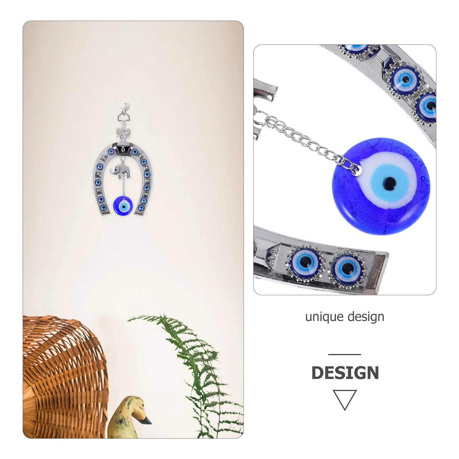 

Turkish Evil Eye Hanging Decor Blue Horseshoe Pendant with Elephant Symbol for Home Wall Car Window Interior Design