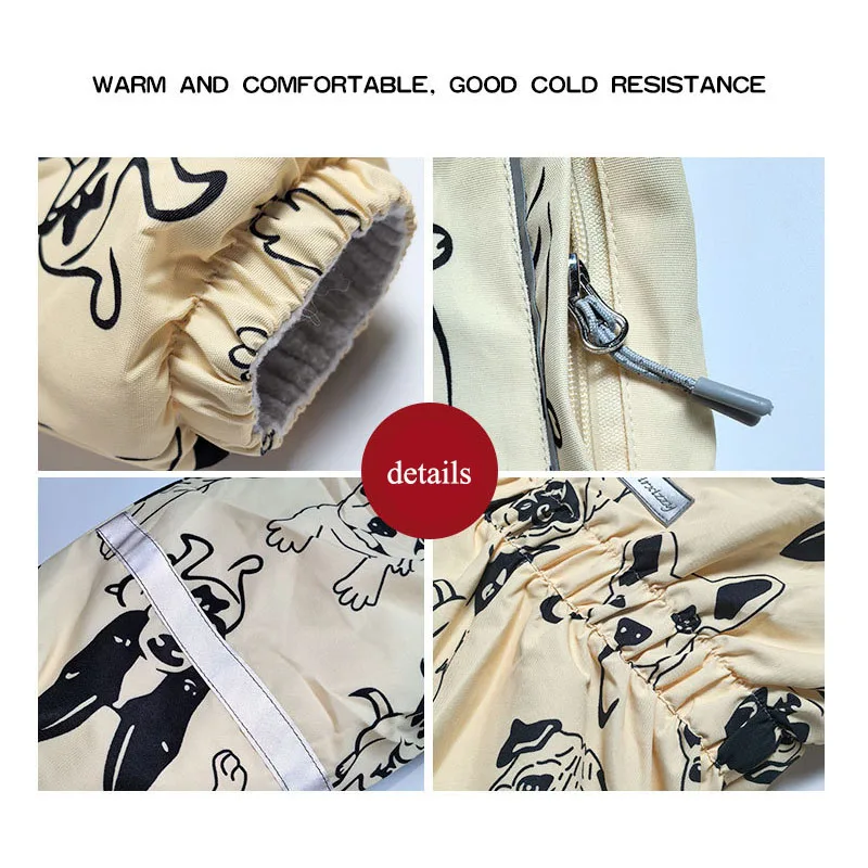 Winter Children Thicken animal print hooded snowsuit Warm Fur Collar Coat+gloves 2pcs Boy Windproof clothes onesie