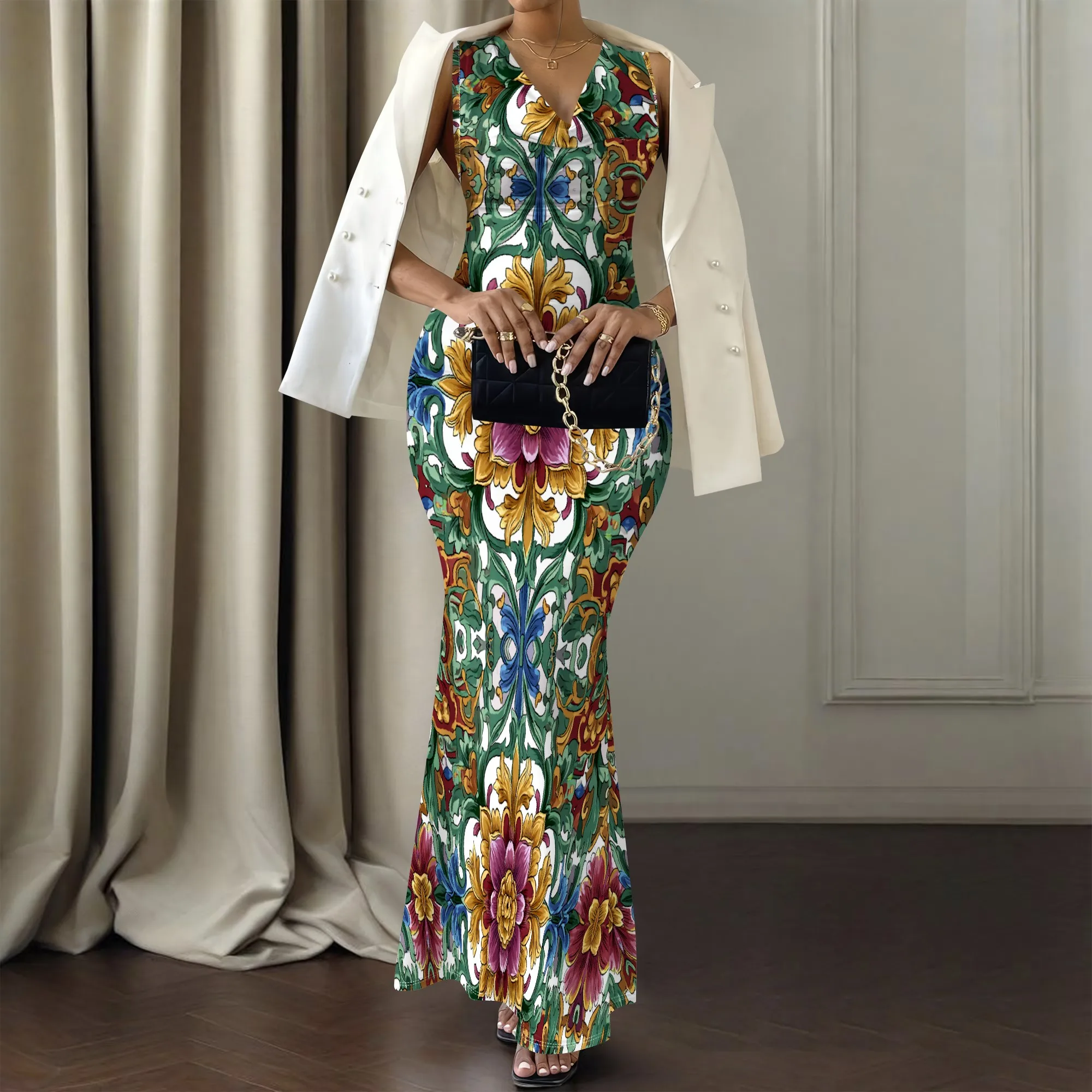 Elegant Floral Print Maxi Dress XS-2XL Perfect for Autumn Winter Parties, Weddings, and Evening Outfits