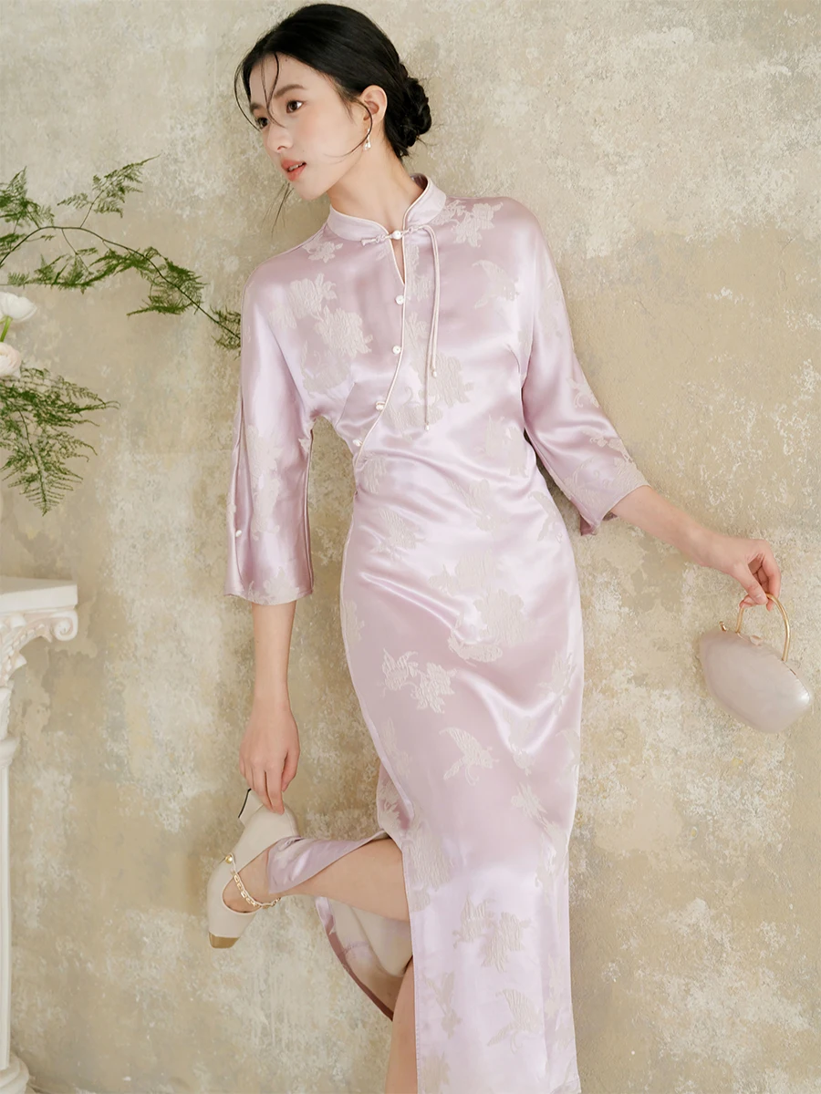 

Новая женская длинная юбка Ele Purple Silk Dr с вышивкой и цветочным узором в китайском национальном стиле, с низким разрезом
