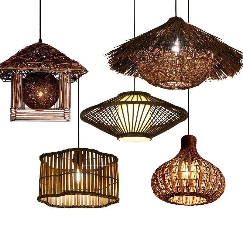 Modern Rattan d-woven Straw Handmade Bamboo E27 LED Warm Light Rattan Cord Ging Lights Wire Suspension Luminaire Vintage image 3