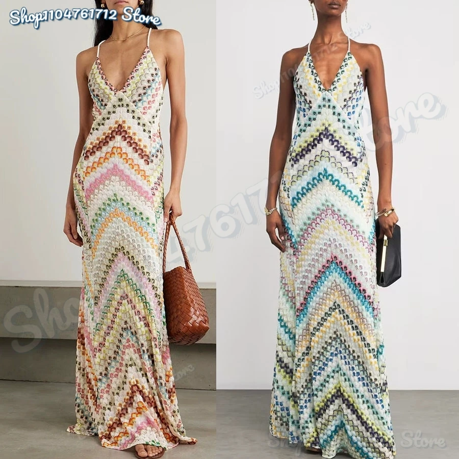 

2025 Sexy Women Printed Colorful Deep V-neck Maxi Dress Sleeveless Backless Sling Slim Vestido Summer Lady Vacation Long Robes