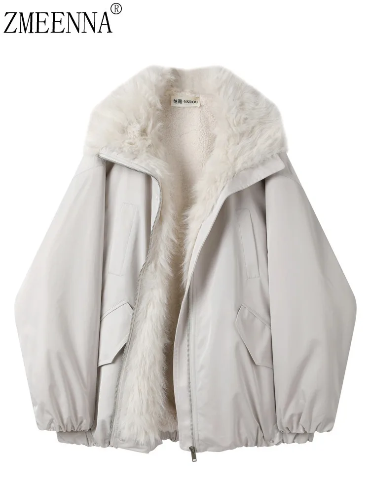 

ZMEENNA Womens Oversized Faux Fur Lined Jacket Outer Shell Warm Winter Puffer Coat With Plush Collar Outerwear ZM4683