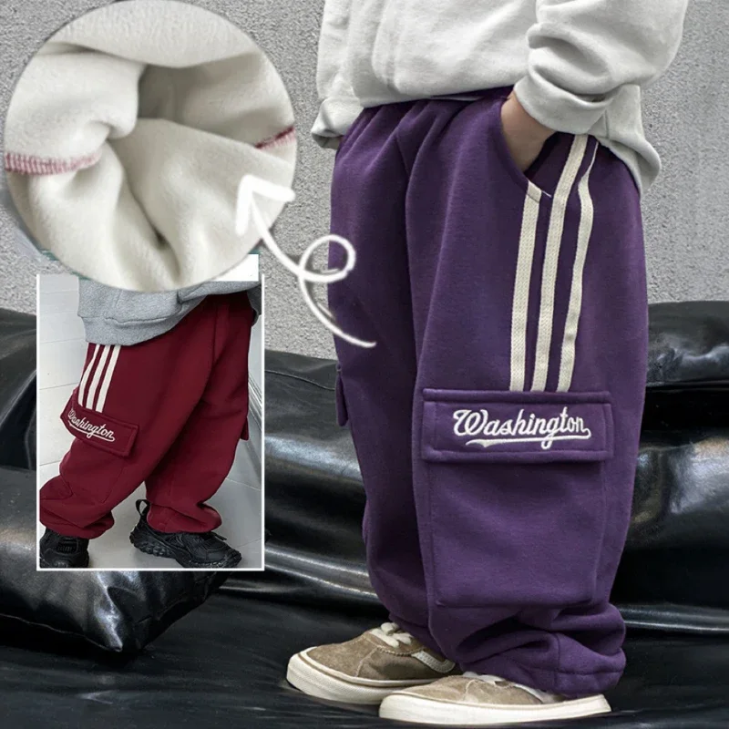 

Kids Winter Clothes Boys Pants Big Pocket Add Fleece To Thicken Cargo Pants Hip Hop Casual Loose Sweatpants High Quality