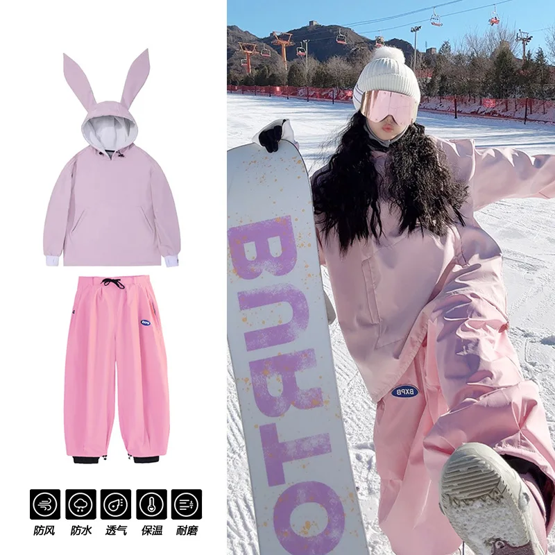 Ski Suit Cute Rabbit Ears Men and Women's Single Board Waterproof Thickened Multicolor Ski Suit Pants Equipment Ropa Para Mujer