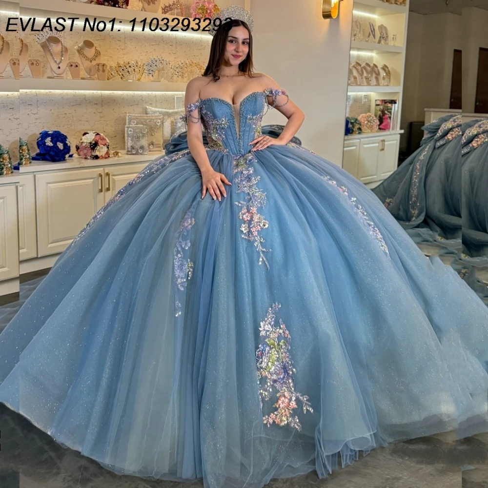 

EVLAST индивидуальное блестящее синее бальное платье Quinceanera платье с 3D цветочной аппликацией и бантом из бисера Sweet 16, Vestidos De 15 Anos E1Q830