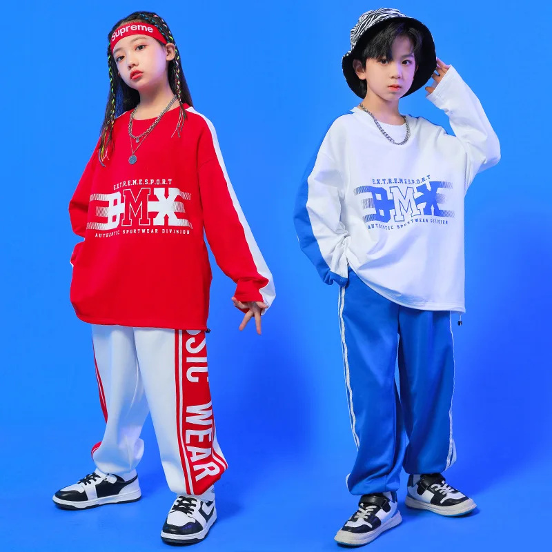 Rosso bianco blu Hiphop Jazz Street Dance costumi bambini Hip Hop abbigliamento sciolto felpa pantaloni tuta da palcoscenico per bambini ragazze ragazzi