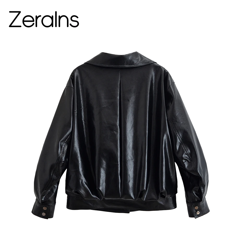 ZERAINS Autunno Nuovo Prodotto Abbigliamento da Donna Giacca da Pilota in Pelle a Vento Neutro Nera con Collo Alto Americano