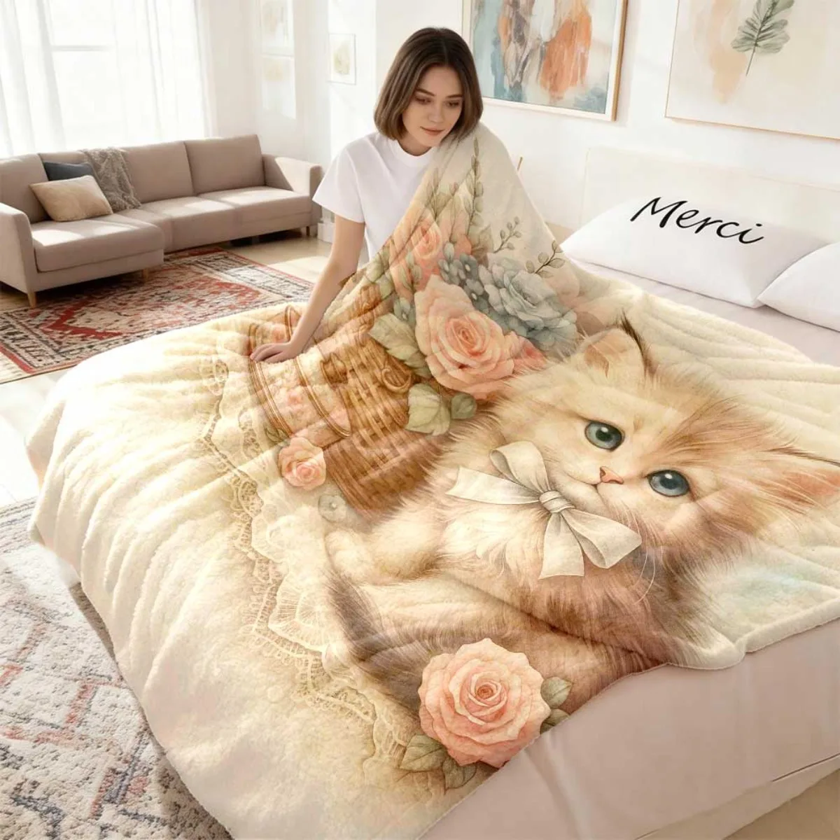 Luxurious Floral Cat Kitten Blanket Throw Flannel Fleece Sherpa Bedding Cozy Winter Decorative Home Decor Gift for Bed Sofa