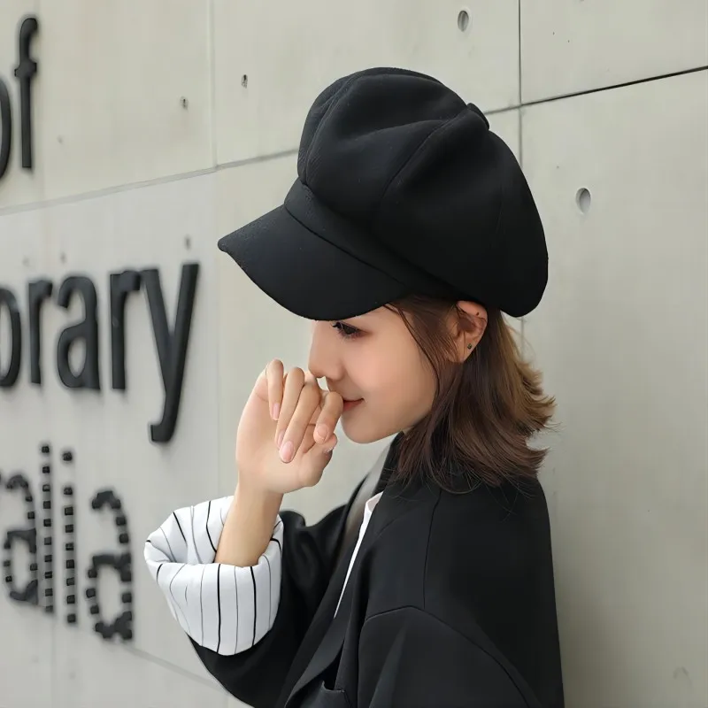 Octagon Hat Solid Color Wool Female Autumn and Winter New Beret Duck Tongue Casual Fashion Young Painter English Hat