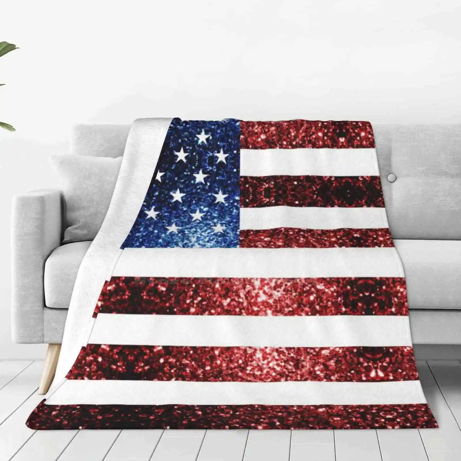 Usa Flag Red Blue Faux Sparkles Glitters Best Selling Room Household Flannel Blanket Glimmer Trendy Red Sparkles Red White And