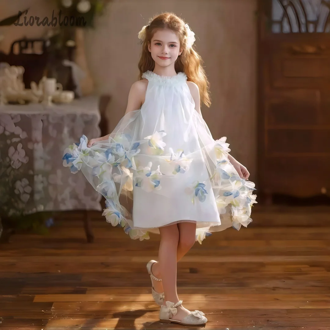 Abito da Cerimonia per Bambina in Tulle Blu con Orlo Floreale, Vestito da Principessa Lungo ed Elegante