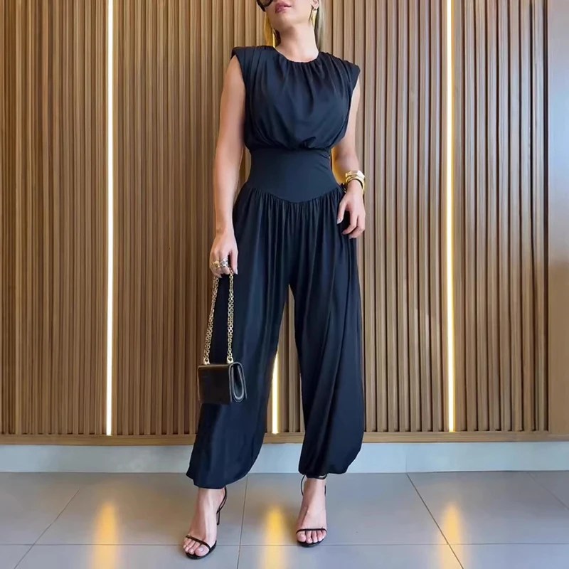 

Casual O Neck Sleeveless High Waist Playsuit Sides Hollowed Out Solid Color Lantern Pants Jumpsuit Simple Fitness Yoga Rompers