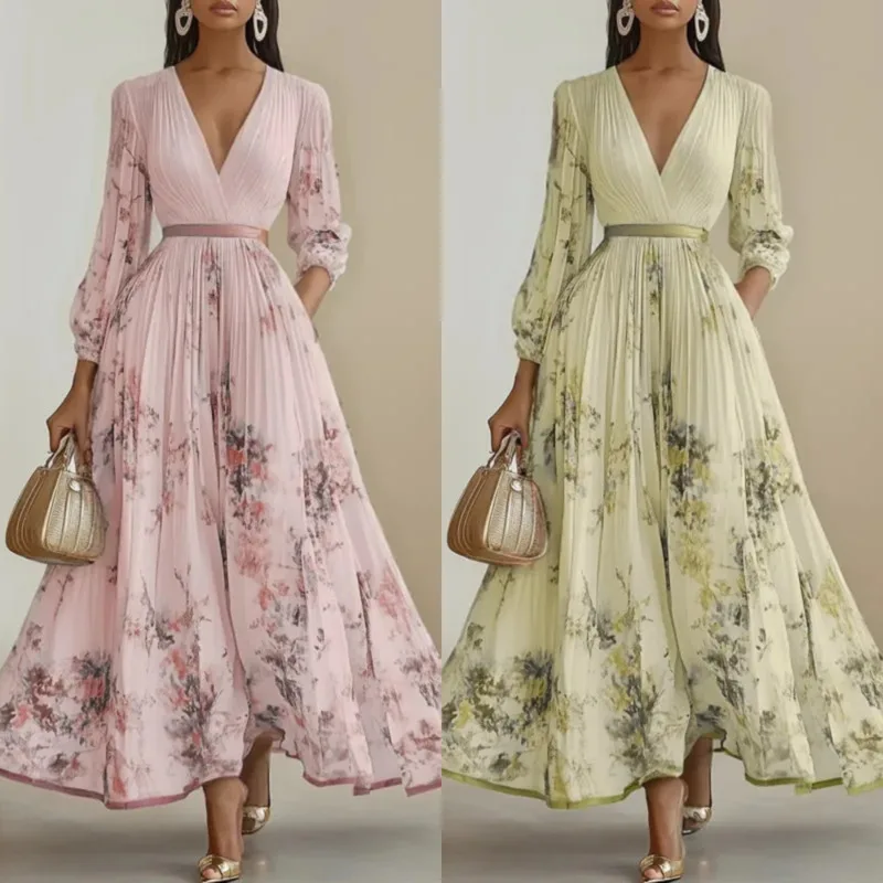 

Elegant Floral Long Dress For Women 2025 Spring Boho Deep V Neck A-Line Maxi With Pleated Skirt And Long Sleeve High Waist Fit