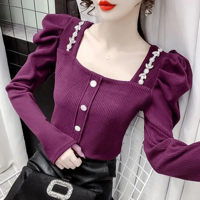 Heavy Industry Design New Korean Square Collar Threaded Sanded Shirt Feeling Lantern Sleeves Wear Comfortable Casual Top With