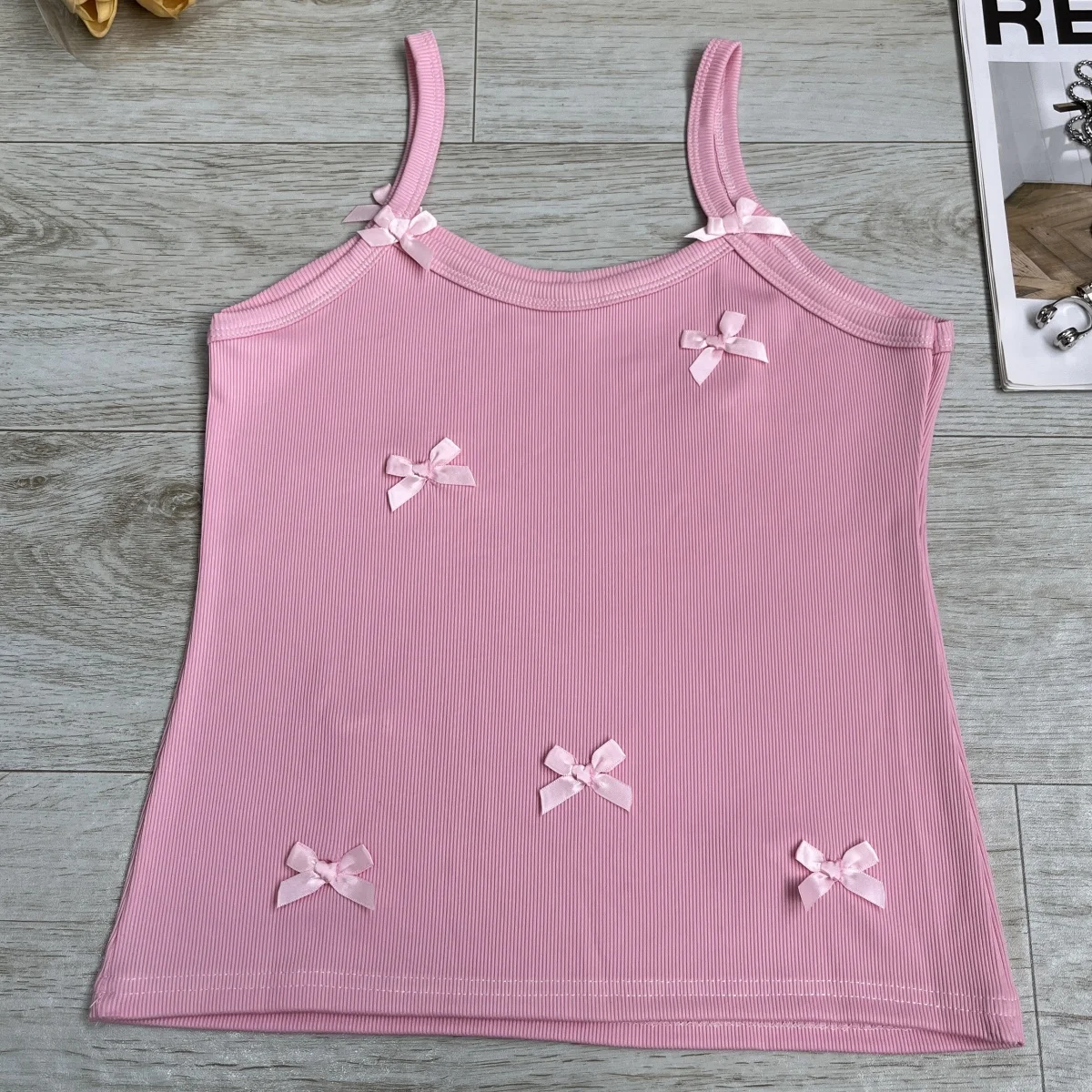 

2025 Women Sleeveless Top Ribbing Small Bow Halter Slim Casual Pink Crop Tops Y2K Summer Fashion Female Streetwear Vest Clothing