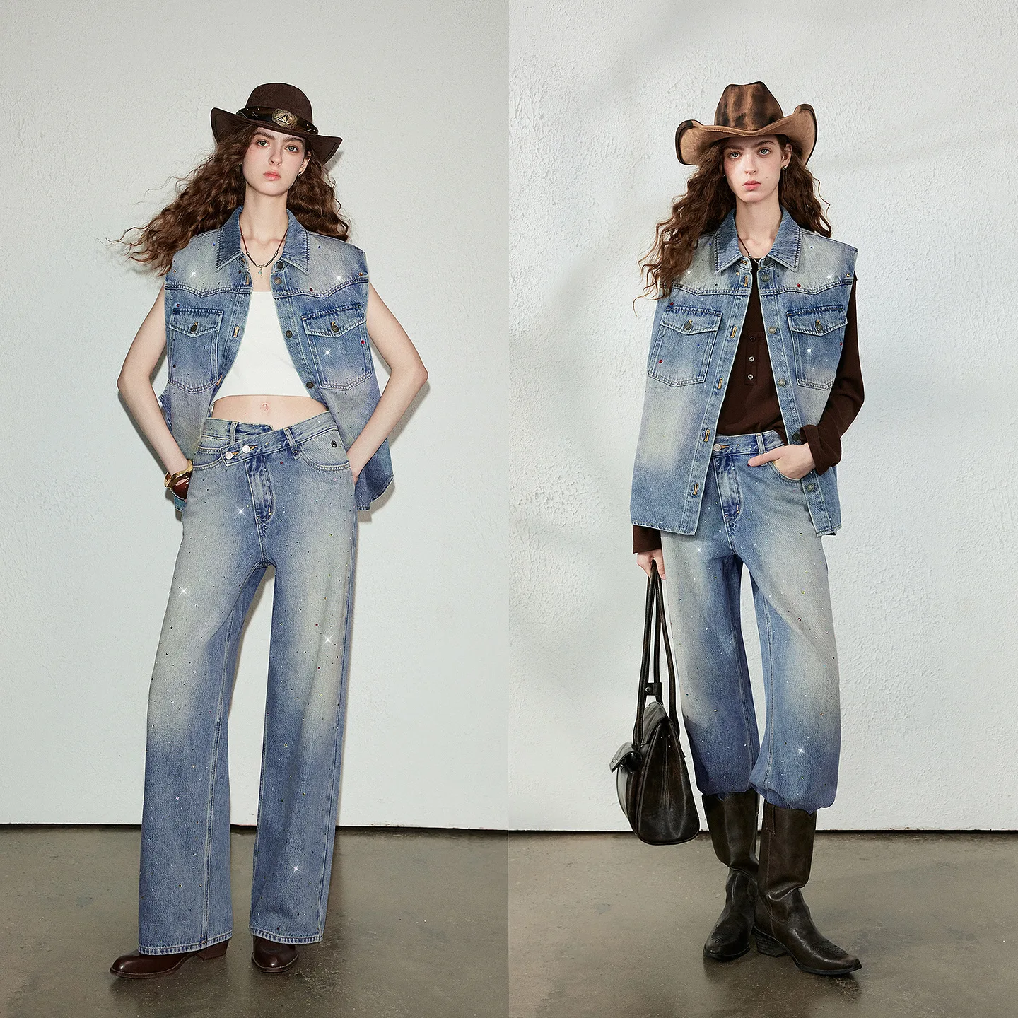 TOYOUTH Women Jeans 2026 Autumn New High Waist Asymmetrical Waistband Color Rhinestone Wide Leg Long Pants