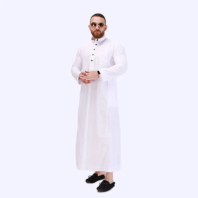 Jubah pria Muslim poliester jubah Qatar kerah berdiri desain saku Arab pakaian Pria Timur Tengah mode Muslim Arab