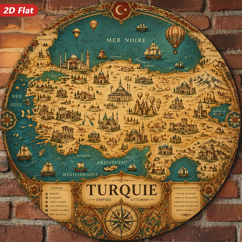 2D Flat - 【2D Flat】 2D Flat - [2D Flat] 2D Flat Print 1pc Round Metal Iron Sign, Turkey Map Wall Art, Turquie Empire Text, Map I