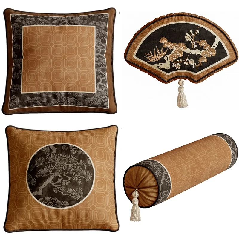 Chinese Pine Pillows Luxury Brown Cushion Case Retro Art Room Long Round Decorative Pillow For Sofa Chair Home Decorations