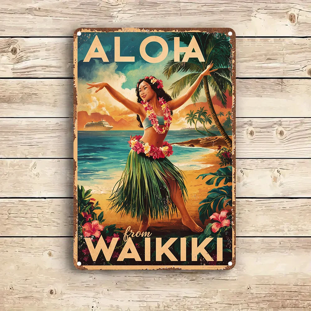 1 Stück Aloha von Waikiki Vintage Metallblechschild, Aluminium-Wandkunst-Dekor für Garten, Schlafzimmer, Garage, Weihnachtsdekoration