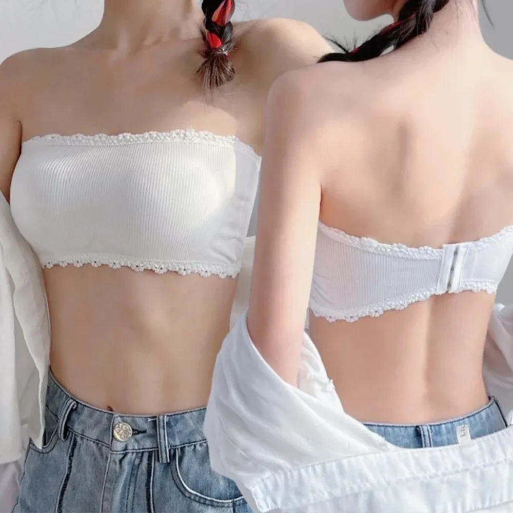 Sujetador sin tirantes de encaje dulce, camisola antideslizante para niñas, parte de atrás bonita Invisible suave, chaleco a prueba de golpes, lencería, ropa interior versátil