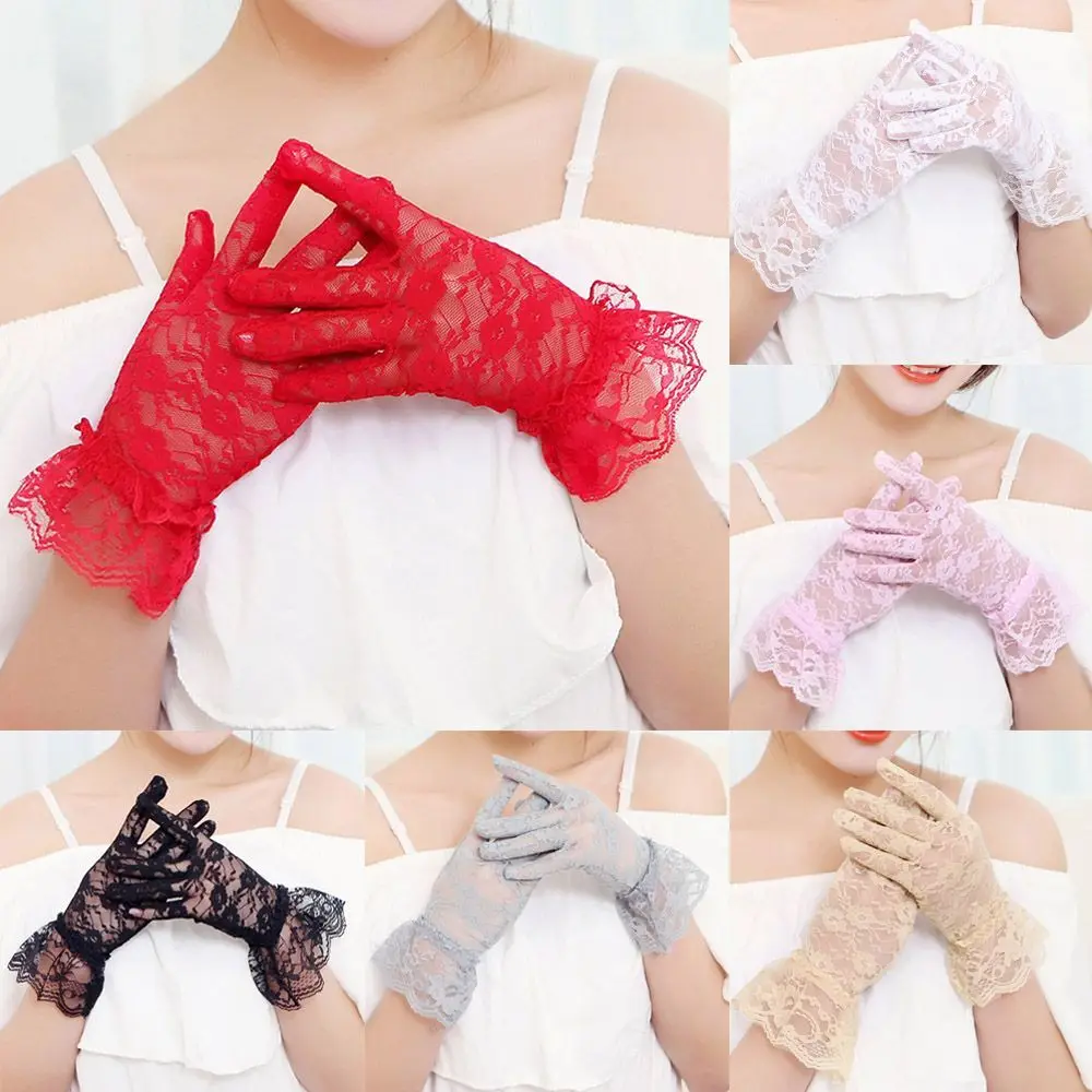 Women Sunscreen UV Protection Mittens Party Dressy Gloves Rose Flower Pattern Lace Gloves White Bride Gloves