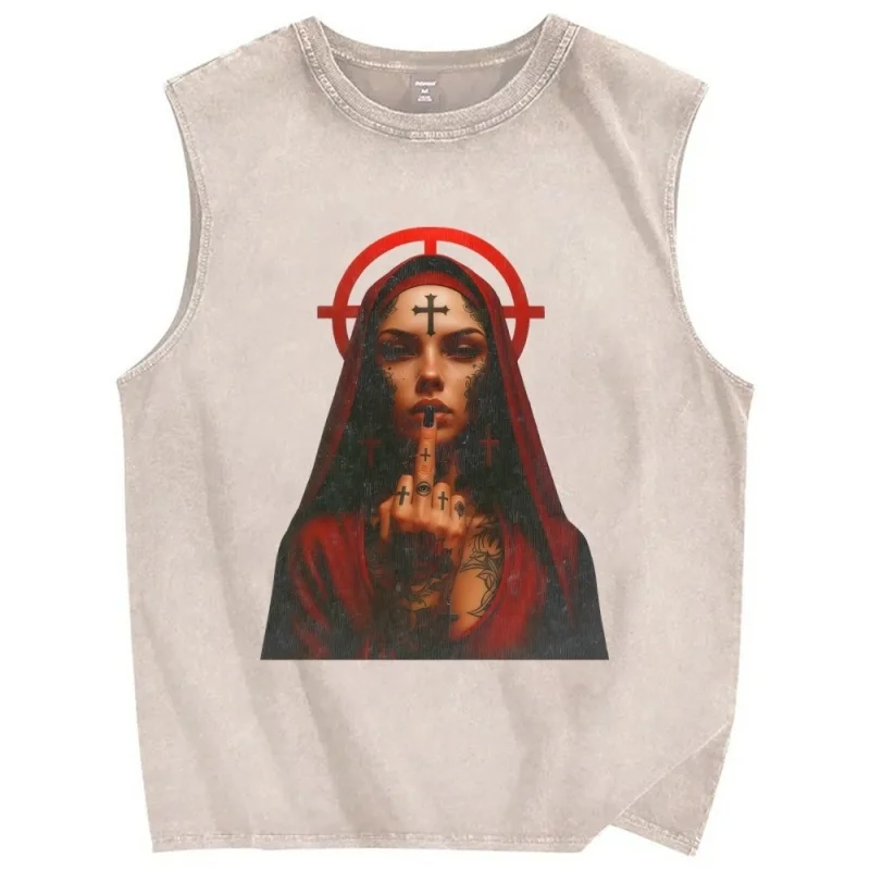 Vintage Washed Distressed Men's Gothic Virgin Mary Print Tank Top Sleeveless Oversized Casual Streetwear Punk Y2K Gym Tops