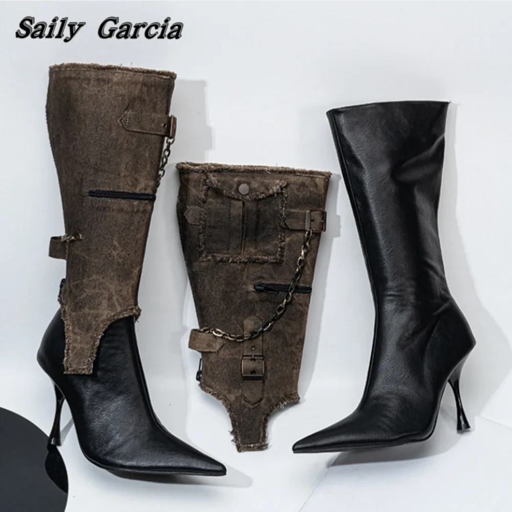 

Retro Stiletto Heels Removable Cowboy Boots INS Style Metal Chain Slip On Casual Boots Pointed Toe Knee High Women Boots
