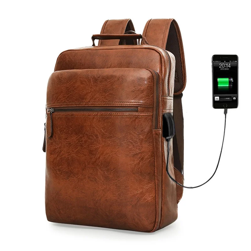 Mochila de carregamento USB de couro PU vintage para homens, mochila de grande capacidade, mochila de viagem casual masculina de luxo