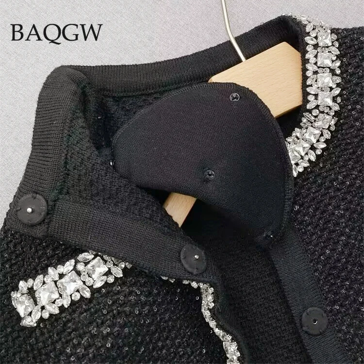 2025年春新作 長袖 丸首 クラシック ブラック ニット レディース カーディガン セーター コート ダイヤモンドとスパンコール付き
