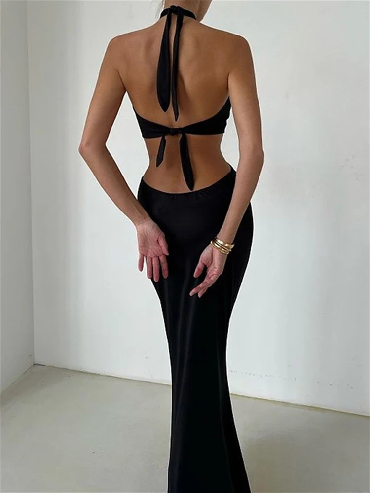 Fantoye Sexy Hollow Out Halter Neck Strap Bandage Women Backless Maxi Dress Spicy Girls Sleeveless Dress Party Streetwear 2023