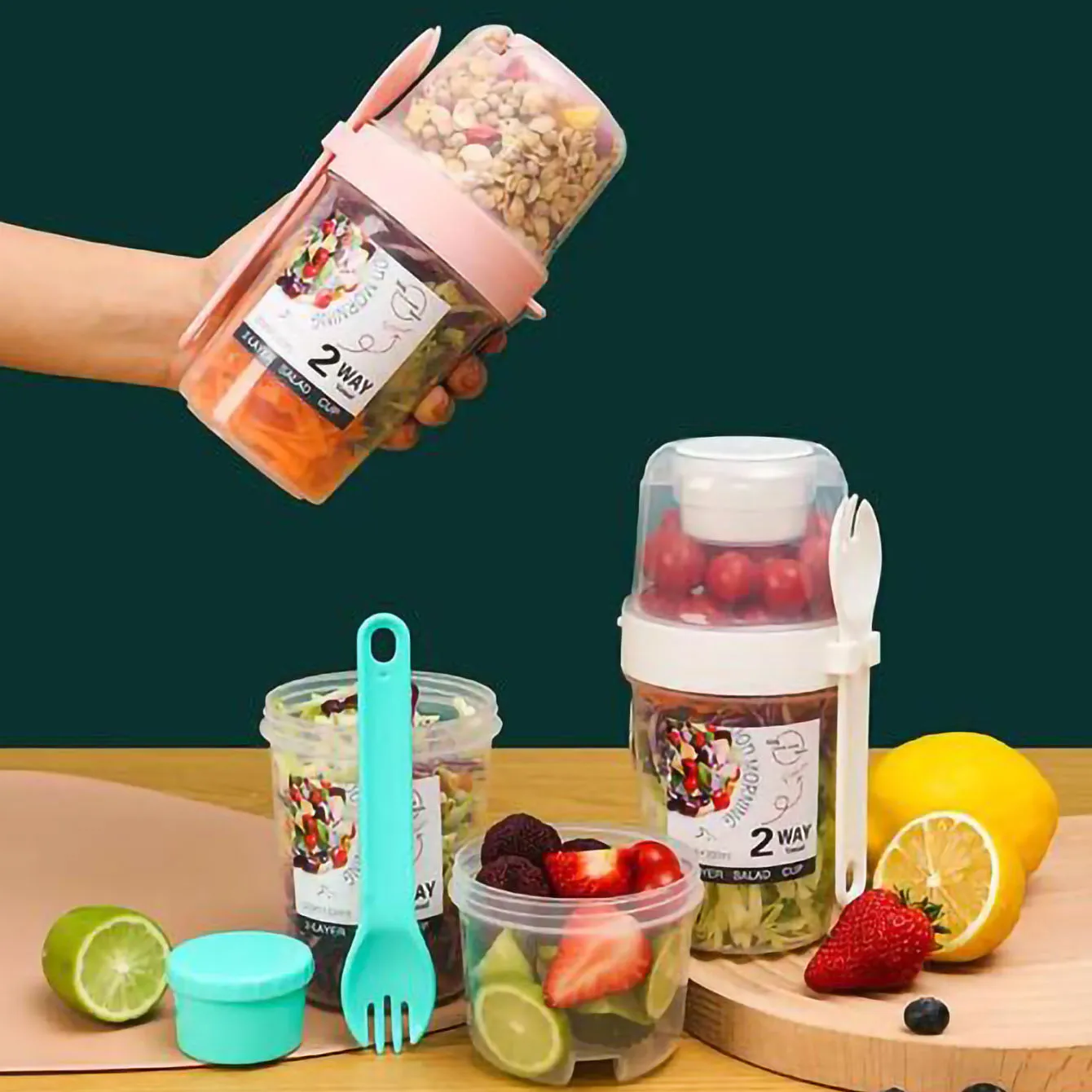 Portable Salad Cup Double Oatmeal Cup Yogurt Nut Fat-Reduced Vegetable Fruit Box Cup with Lid Spoon Breakfast Cup Lunch Box