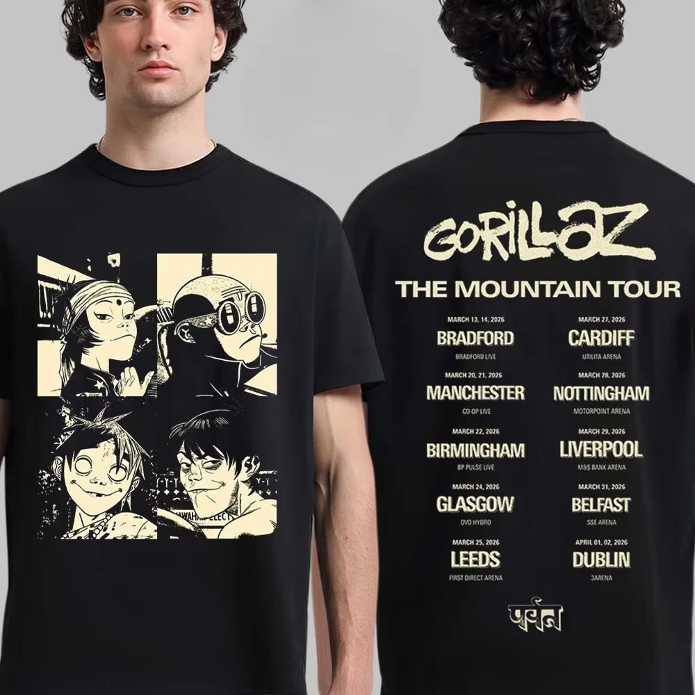 Gorillaz The Mountain Tour Graphic Tee Double-Sided Venue List Streetwear Casual Unisex