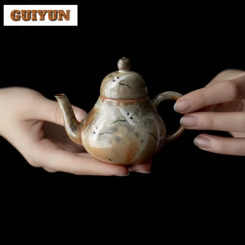 

110ml Wood-fired Porcelain Crane Teapot Handmade Tea Infuser Pot Tea Making Kettle With Filter Chinese Tea Set Decoration Craft