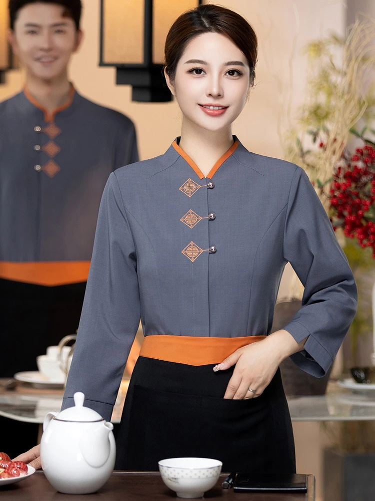 Long Sleeve Winter Women Waitress Uniform Restaurant Waiter Uniform Man Chinese Cafe Workwear Hotel Food Service Overalls