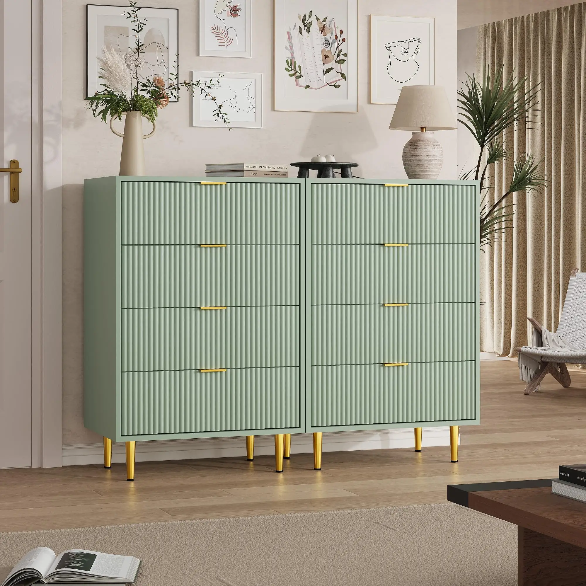 Comò per la camera da letto, cassettiera con 3 o 4 cassetti, mobile contenitore con motivo a onde, organizer moderno per il soggiorno con maniglie dorate, impermeabile.