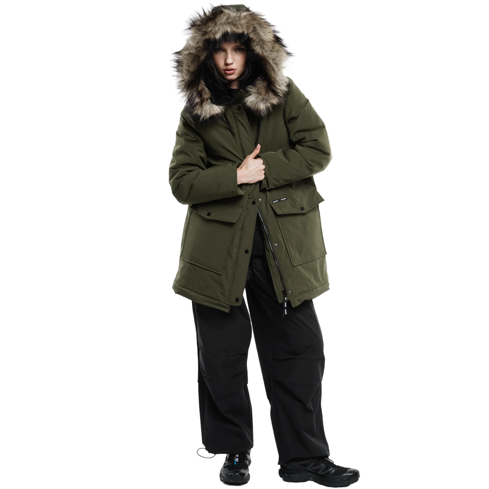 Women\'s Winter Parka Jacket Faux Fur Mid-Length Hooded Parka With Large Pockets Splashproof Water Repellent Windproof