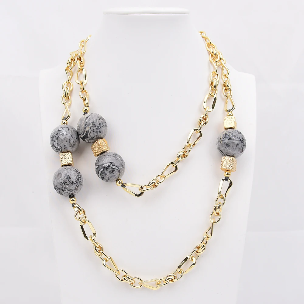 G-G Natural Gray Picture Stone Matte Finish Spacer Beads Neck Chain Long Necklace 44''